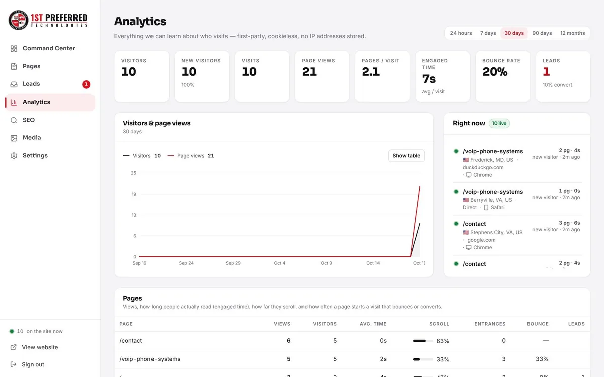 The Analytics page: visitors, new visitors, visits, page views, pages per visit, engaged time, bounce rate and leads, a 30-day chart, who is on the site right now, and a per-page table
