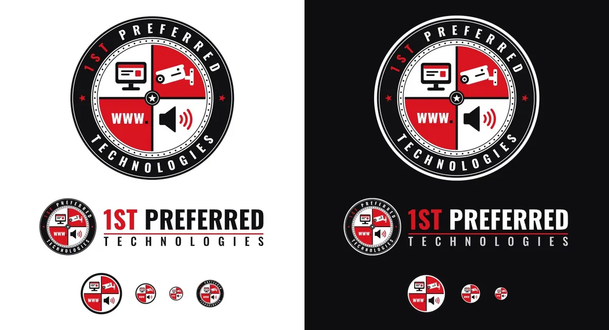 The 1st Preferred Technologies logo sheet: the vintage badge on white and on black, the badge and wordmark lockup, and the quartered icon at small sizes