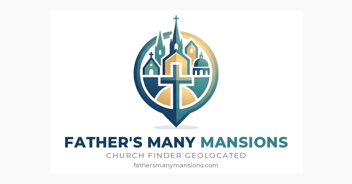 The Father's Many Mansions share card: the logo, the name in navy and teal, “Church finder geolocated” and fathersmanymansions.com