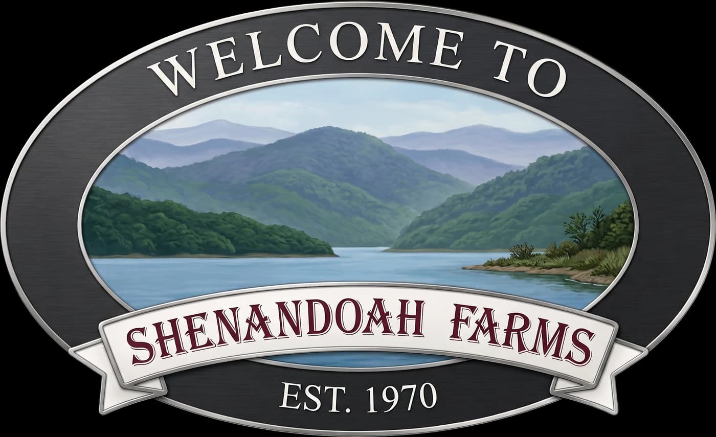 The Shenandoah Farms sign: a painted mountain valley and river framed in charcoal, reading Welcome to Shenandoah Farms, Est. 1970